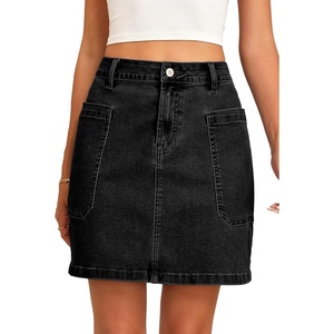 image:imageSidefeel Womens Jean Skirt High Waisted Stretchy Casual Denim Above Knee Skirts with Patch PocketsBlack
