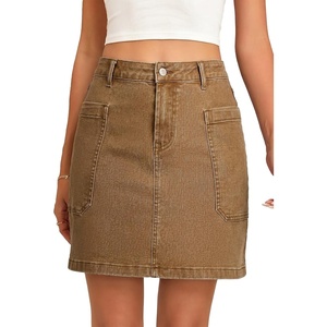 image:imageSidefeel Womens Jean Skirt High Waisted Stretchy Casual Denim Above Knee Skirts with Patch PocketsBrown