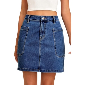 image:imageSidefeel Womens Jean Skirt High Waisted Stretchy Casual Denim Above Knee Skirts with Patch PocketsDark Blue