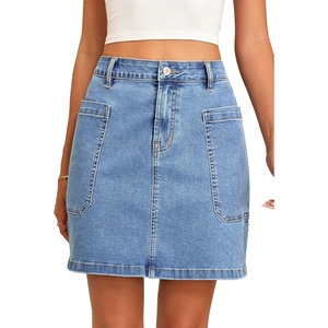 image:imageSidefeel Womens Jean Skirt High Waisted Stretchy Casual Denim Above Knee Skirts with Patch PocketsIceland Blue