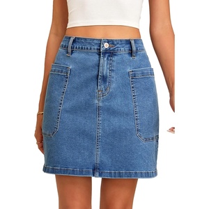 image:imageSidefeel Womens Jean Skirt High Waisted Stretchy Casual Denim Above Knee Skirts with Patch PocketsLight Blue