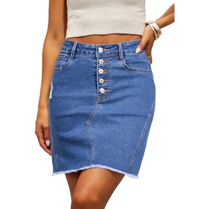 image:imageSidefeel Womens Jean Skirt Stretchy Ripped Frayed Button Fly Summer Denim SkirtDark Blue