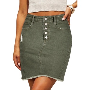 image:imageSidefeel Womens Jean Skirt Stretchy Ripped Frayed Button Fly Summer Denim SkirtGeen