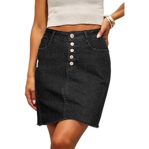 image:imageSidefeel Womens Jean Skirt Stretchy Ripped Frayed Button Fly Summer Denim SkirtGray