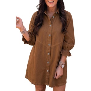 image:imageSidefeel Womens Smocked 3 4 Sleeve Button Down Denim Jeans DressesBrown