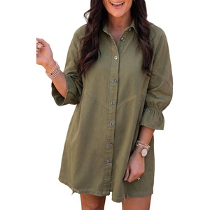 image:imageSidefeel Womens Smocked 3 4 Sleeve Button Down Denim Jeans DressesGreen
