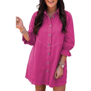 image:imageSidefeel Womens Smocked 3 4 Sleeve Button Down Denim Jeans DressesRose Red