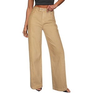 image:imageSidefeel Womens Wide Leg Jeans High Waisted Stretchy Baggy Front Seam Denim PantsKhaki
