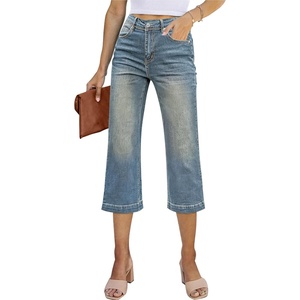 image:imageSidefeel Womens Wide Leg Jeans High Waisted Stretchy Capri PantsLight Retro Blue