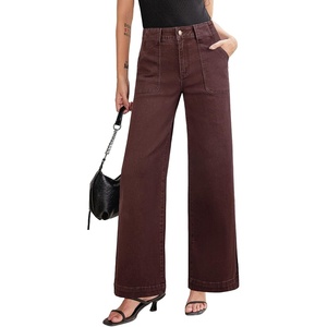 image:imageSidefeel Womens Wide Leg Jeans High Waisted Stretchy Straight Leg Baggy Denim Pants with PocketsChicory Coffee