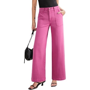 image:imageSidefeel Womens Wide Leg Jeans High Waisted Stretchy Straight Leg Baggy Denim Pants with PocketsRose Red