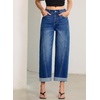 image:imageSidefeel Barrel Jeans for Women High Waisted Wide Leg Baggy Stretchy Trendy Raw Rolled Hem Capri Cropped Ankle Denim PantsBlue