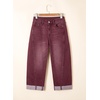 image:imageSidefeel Barrel Jeans for Women High Waisted Wide Leg Baggy Stretchy Trendy Raw Rolled Hem Capri Cropped Ankle Denim PantsBurgundy