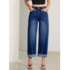 image:imageSidefeel Barrel Jeans for Women High Waisted Wide Leg Baggy Stretchy Trendy Raw Rolled Hem Capri Cropped Ankle Denim PantsDeep Blue