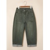 image:imageSidefeel Barrel Jeans for Women High Waisted Wide Leg Baggy Stretchy Trendy Raw Rolled Hem Capri Cropped Ankle Denim PantsGreen