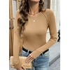 image:imageSidefeel Long Sleeve Shirts for Women Crewneck Ribbed Knit Raw Hem Raglan Tops Casual Slim Fitted Basic TeesKhaki