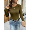 image:imageSidefeel Long Sleeve Shirts for Women Crewneck Ribbed Knit Raw Hem Raglan Tops Casual Slim Fitted Basic TeesMoss Green