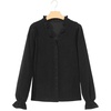 image:imageSidefeel Womens Corduroy Shirts Button Down Long Sleeve Ruffle V Neck Blouses TopBlack