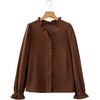 image:imageSidefeel Womens Corduroy Shirts Button Down Long Sleeve Ruffle V Neck Blouses TopCoffee