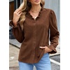 image:imageSidefeel Womens Corduroy Shirts Button Down Long Sleeve Ruffle V Neck Blouses TopCoffee