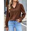 image:imageSidefeel Womens Corduroy Shirts Button Down Long Sleeve Ruffle V Neck Blouses TopCoffee