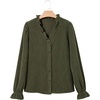 image:imageSidefeel Womens Corduroy Shirts Button Down Long Sleeve Ruffle V Neck Blouses TopGreen