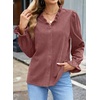 image:imageSidefeel Womens Corduroy Shirts Button Down Long Sleeve Ruffle V Neck Blouses TopMineral Red
