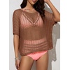 image:imageSidefeel Womens Crochet Tops Short Sleeve Sweater 2025 Fashion Hollow Out Scoop Neck Pullover Knit Tops Cover UpsCoffee