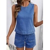 image:imageSidefeel Womens Denim Set Summer 2 Piece Short Sets Sleeveless Jean Top High Waisted Denim ShortsLight Blue