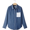 image:imageSidefeel Womens Denim Shirt Button Down Long Sleeve Jean Shirt Shackt with Lace Pocket Denim TopBluing