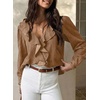 image:imageSidefeel Womens Denim Shirt Ruffled Edge V Neck Casual Long Sleeve 2026 Fall Jean Blouses TopsBrown