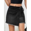 image:imageSidefeel Womens Jean Skirt High Waisted Raw Hem Stretchy Asymmetrical Side Tie Wrap Denim Mini SkortBlack