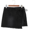 image:imageSidefeel Womens Jean Skirt High Waisted Raw Hem Stretchy Asymmetrical Side Tie Wrap Denim Mini SkortBlack