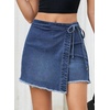 image:imageSidefeel Womens Jean Skirt High Waisted Raw Hem Stretchy Asymmetrical Side Tie Wrap Denim Mini SkortBluing