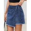 image:imageSidefeel Womens Jean Skirt High Waisted Raw Hem Stretchy Asymmetrical Side Tie Wrap Denim Mini SkortBluing