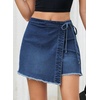 image:imageSidefeel Womens Jean Skirt High Waisted Raw Hem Stretchy Asymmetrical Side Tie Wrap Denim Mini SkortDark Blue