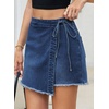 image:imageSidefeel Womens Jean Skirt High Waisted Raw Hem Stretchy Asymmetrical Side Tie Wrap Denim Mini SkortDark Blue