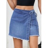image:imageSidefeel Womens Jean Skirt High Waisted Raw Hem Stretchy Asymmetrical Side Tie Wrap Denim Mini SkortLight Blue