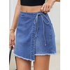image:imageSidefeel Womens Jean Skirt High Waisted Raw Hem Stretchy Asymmetrical Side Tie Wrap Denim Mini SkortLight Blue
