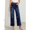 image:imageSidefeel Womens Straight Leg Embroidered Jeans High Waisted Stretchy Wide Leg Denim PantsBluing