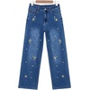 image:imageSidefeel Womens Straight Leg Embroidered Jeans High Waisted Stretchy Wide Leg Denim PantsDark Blue