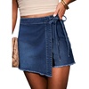 image:imageSidefeel Womens Jean Skirt High Waisted Raw Hem Stretchy Asymmetrical Side Tie Wrap Denim Mini SkortDark Blue
