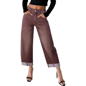 image:imageSidefeel Barrel Jeans for Women High Waisted Wide Leg Baggy Stretchy Trendy Raw Rolled Hem Capri Cropped Ankle Denim PantsCoffee