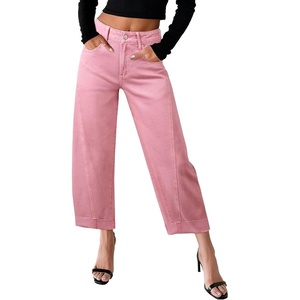 image:imageSidefeel Barrel Jeans for Women High Waisted Wide Leg Baggy Stretchy Trendy Raw Rolled Hem Capri Cropped Ankle Denim PantsPink