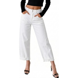 image:imageSidefeel Barrel Jeans for Women High Waisted Wide Leg Baggy Stretchy Trendy Raw Rolled Hem Capri Cropped Ankle Denim PantsWhite