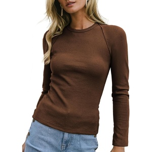 image:imageSidefeel Long Sleeve Shirts for Women Crewneck Ribbed Knit Raw Hem Raglan Tops Casual Slim Fitted Basic TeesCoffee