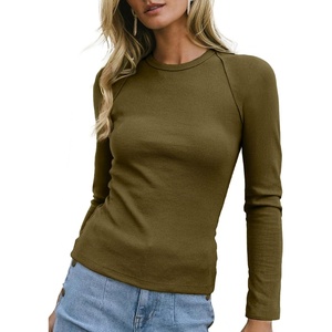 image:imageSidefeel Long Sleeve Shirts for Women Crewneck Ribbed Knit Raw Hem Raglan Tops Casual Slim Fitted Basic TeesMoss Green