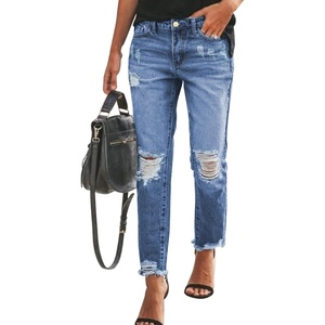image:imageSidefeel Womens Boyfriend Jeans Stretchy Ripped Distressed Zimbaplatinum Denim PantsDark Blue