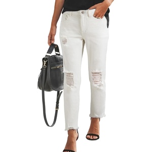 image:imageSidefeel Womens Boyfriend Jeans Stretchy Ripped Distressed Zimbaplatinum Denim PantsWhite