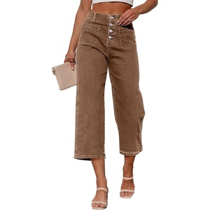 image:imageSidefeel Womens Capri Pants Trendy Wide Leg Jeans High Waisted Stretchy Loose Cropped Denim PantsBrown